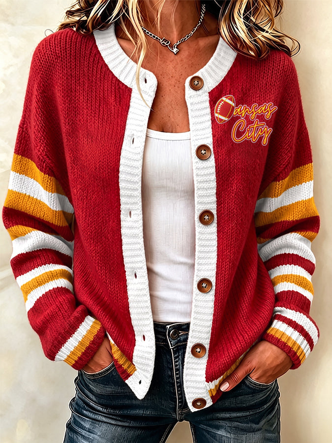 Women'S Casual Football Print Knitted Cardigan Top