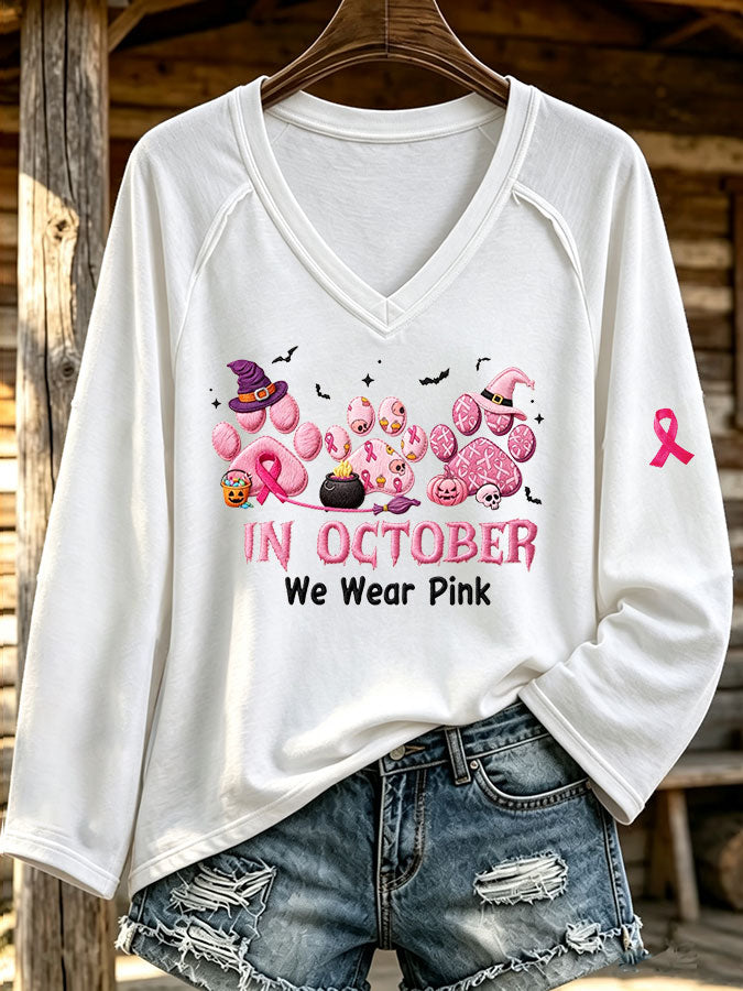 Women'S In October We Wear Pink Printed Long Sleeve T-Shirt