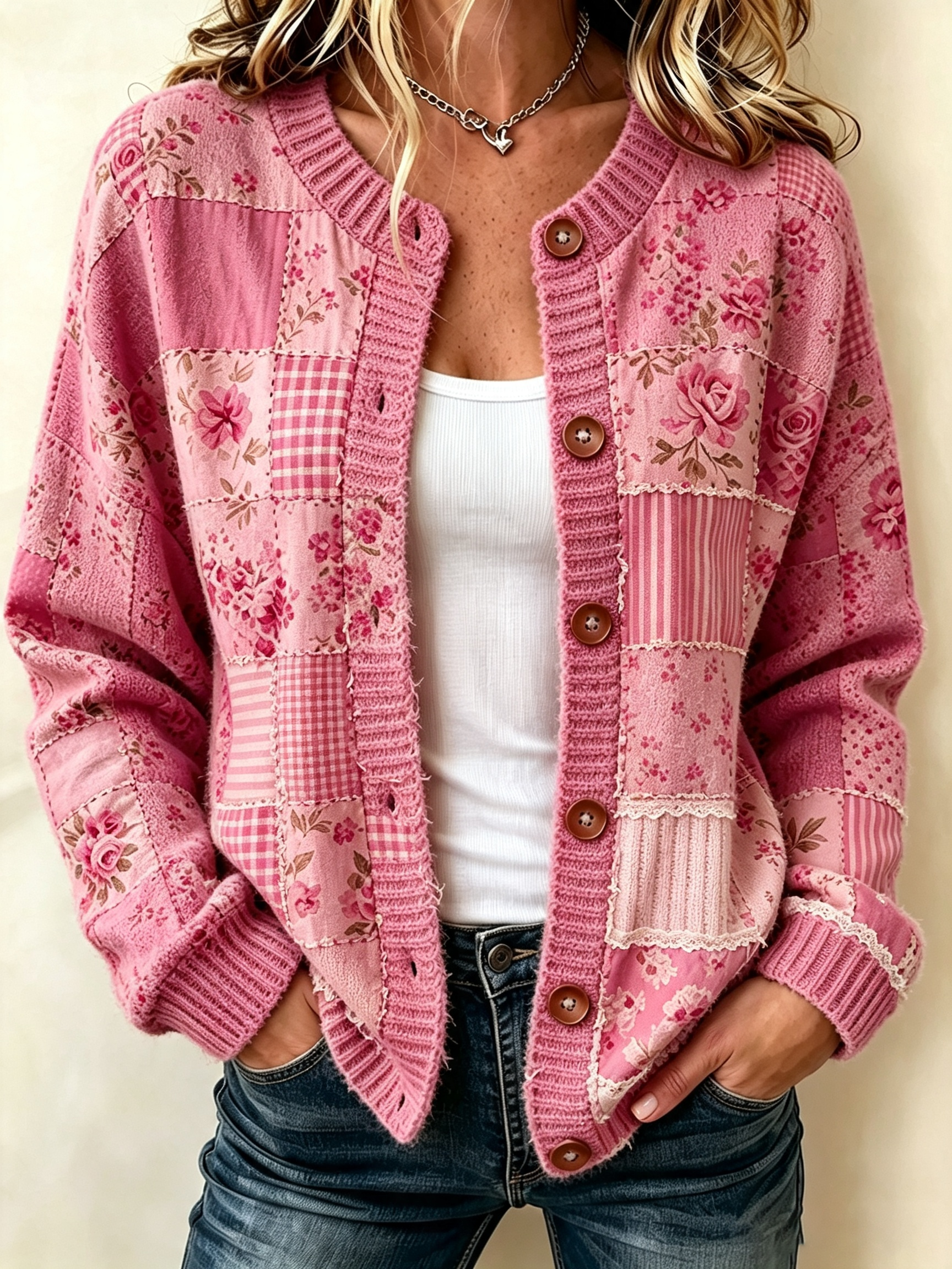 Ladies' Casual Patchwork Knitted Cardigan Top