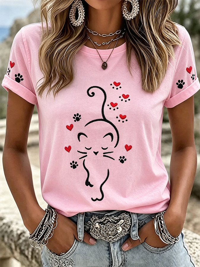 Women'S Cat Printed Casual T-Shirt