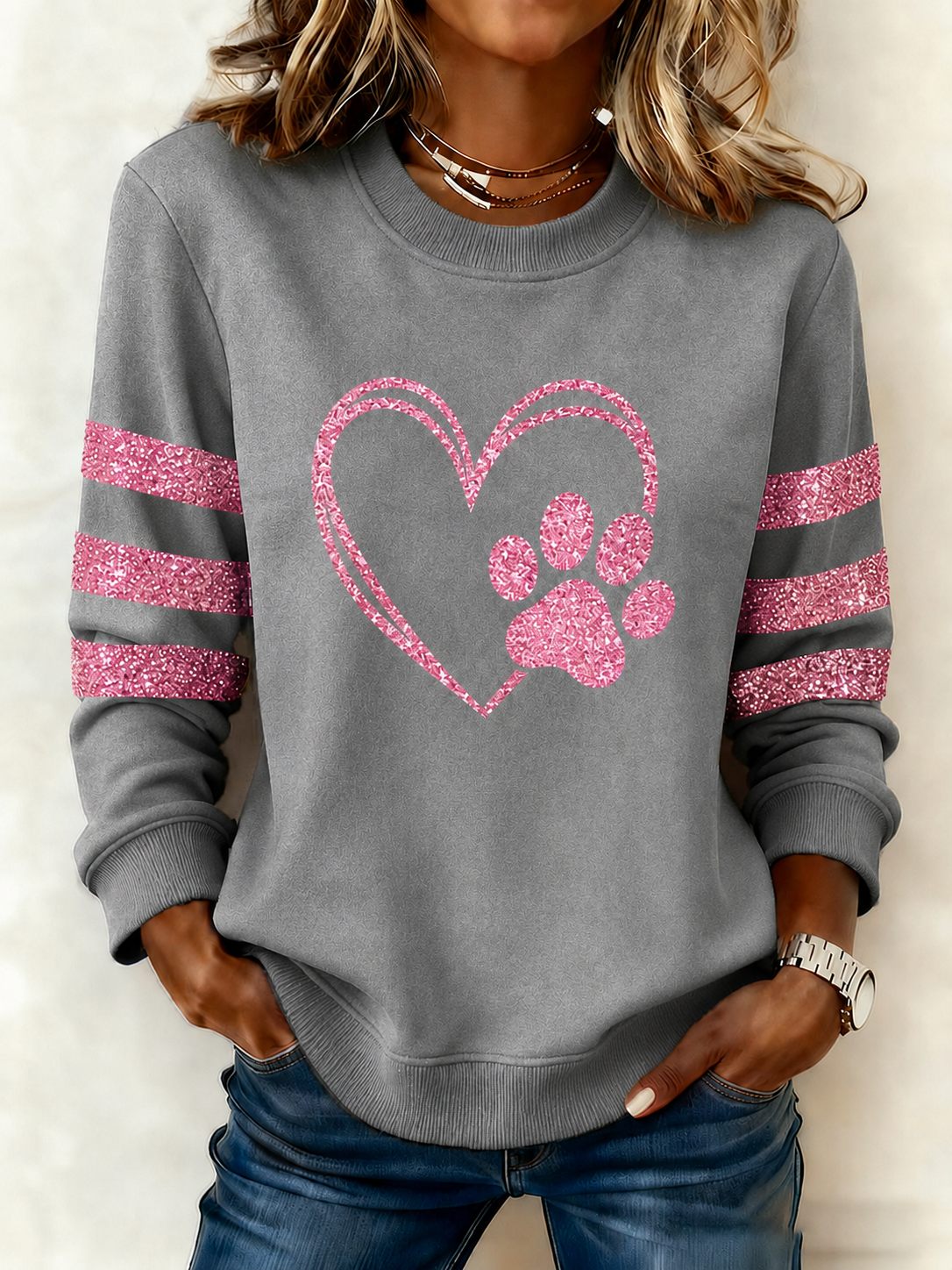 Ladies' Love Sequin Printed Round Neck Sports Shirt