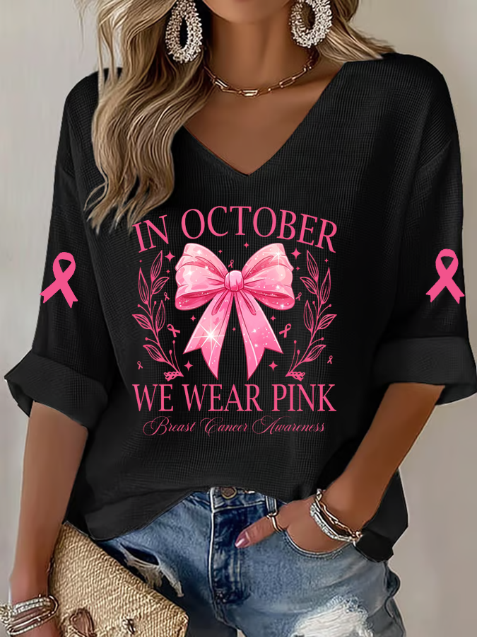 Women'S In October We Wear Pink  Print Waffle  Top