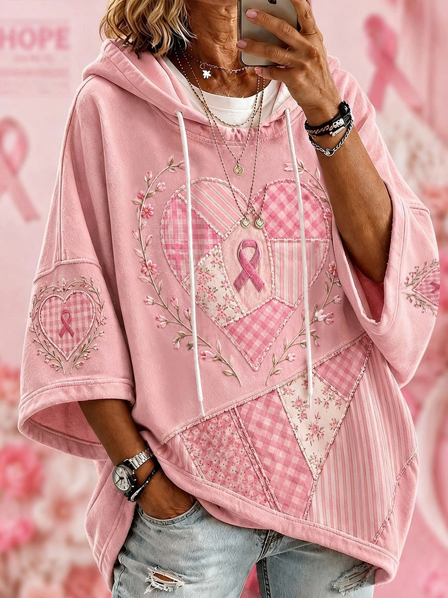 Women'S Pink Art Printed Loose Hooded Sweatshirt