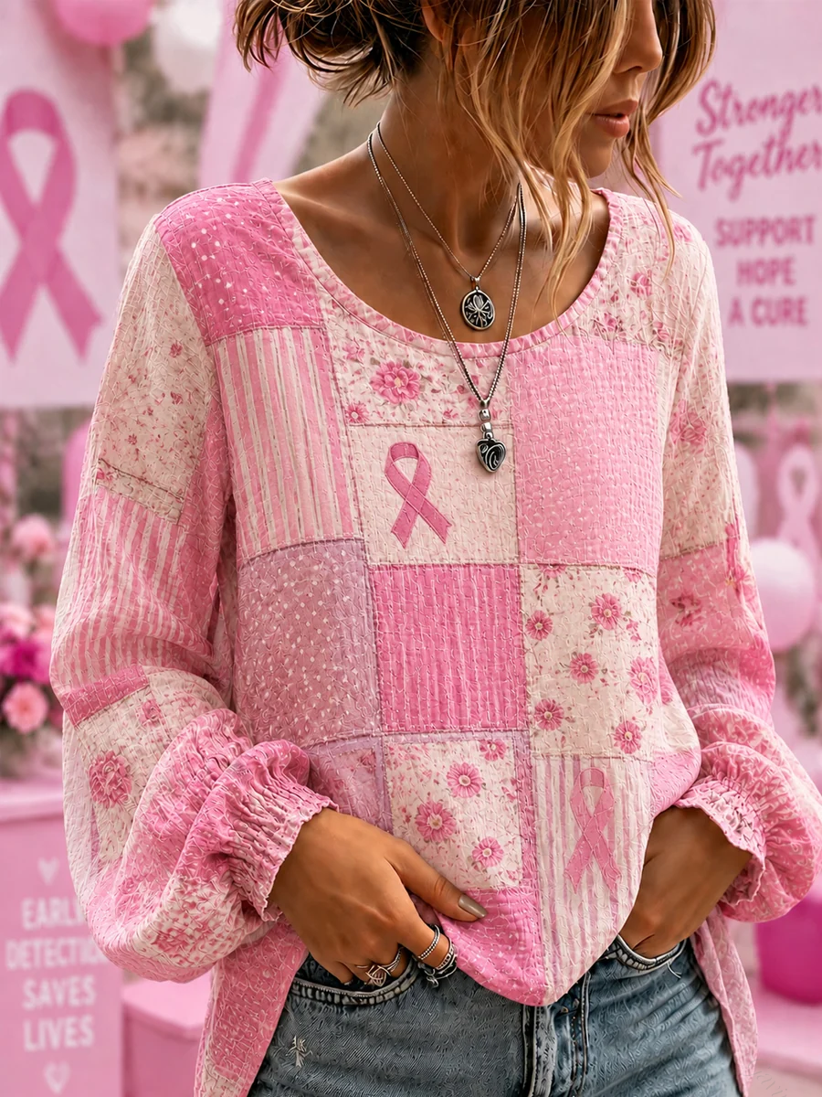 Women'S Breast Cancer Awareness Support Flowers Pink Ribbon Cotton-Linen Shirt