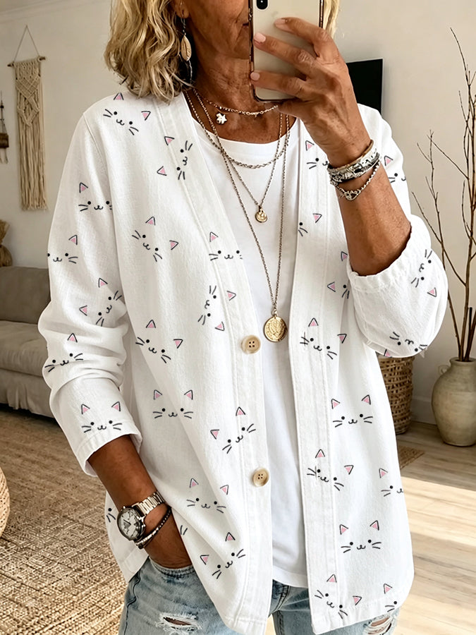 Women'S Cat Print Casual Cardigan