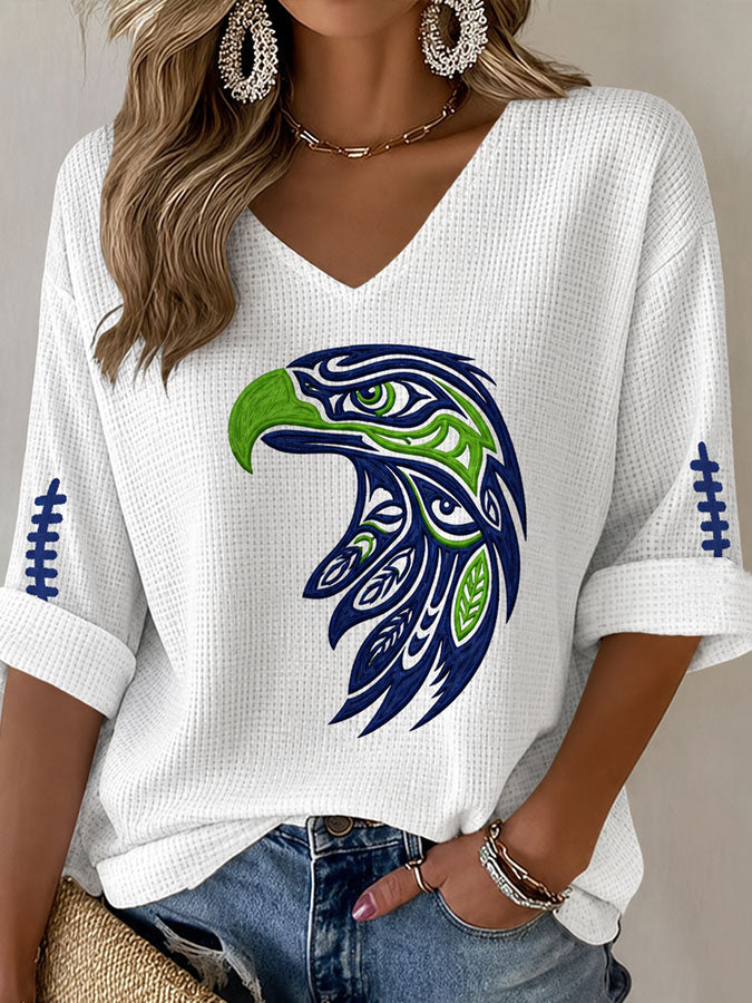 Women'S Seattle Football Vintage Fashion Printed Waffle T-Shirt