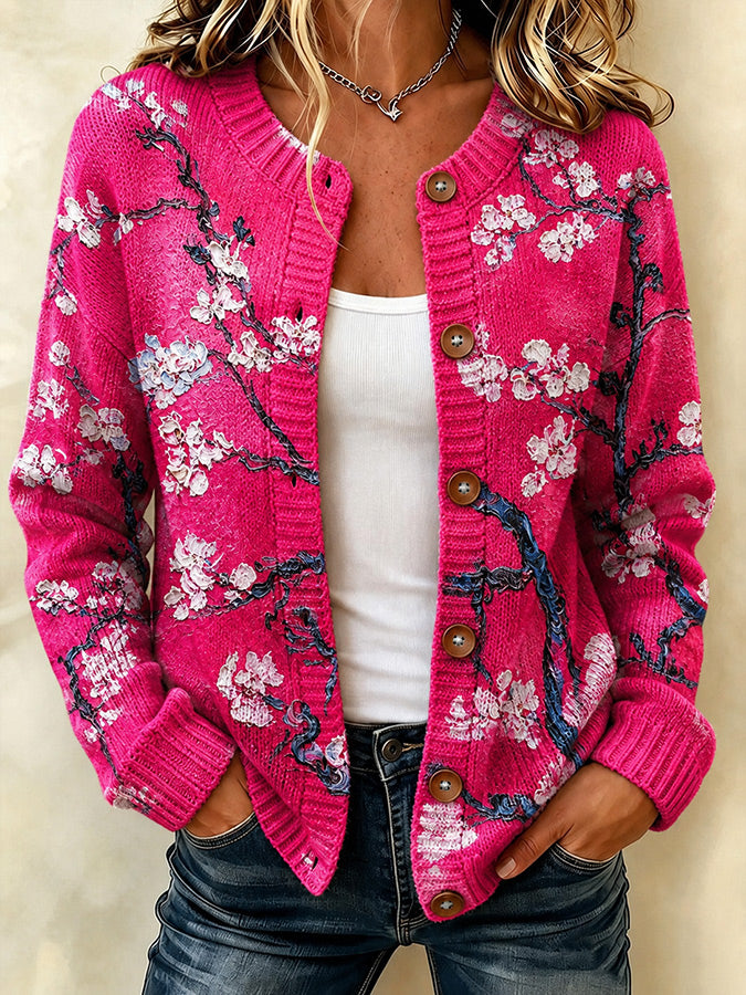 Ladies' Casual Oil Painting Knitted Cardigan Top