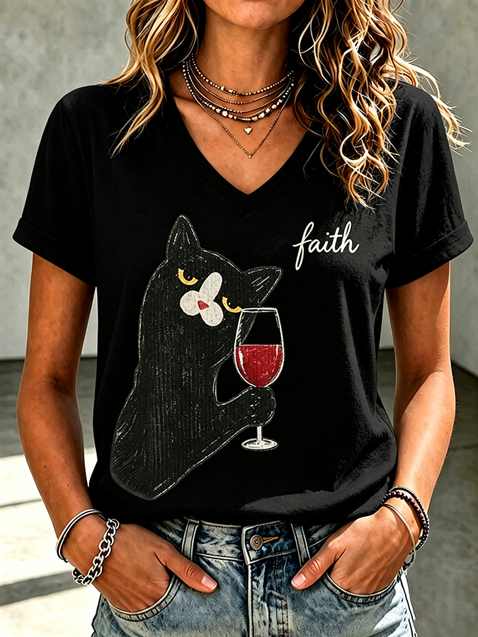 Women'S Fun Cat Simple Printed T-Shirt