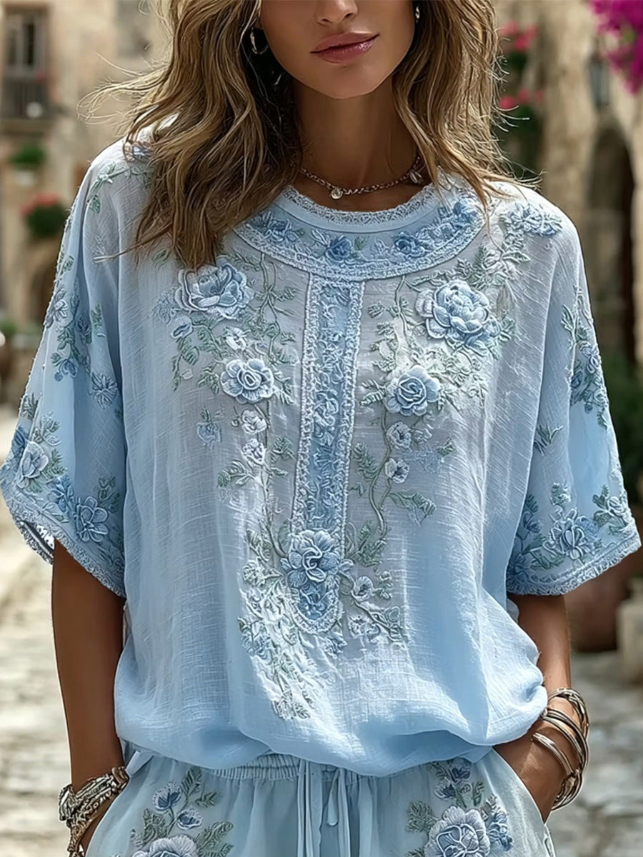 Women's Floral Art Cotton Linen V-Neck Short Sleeved Top