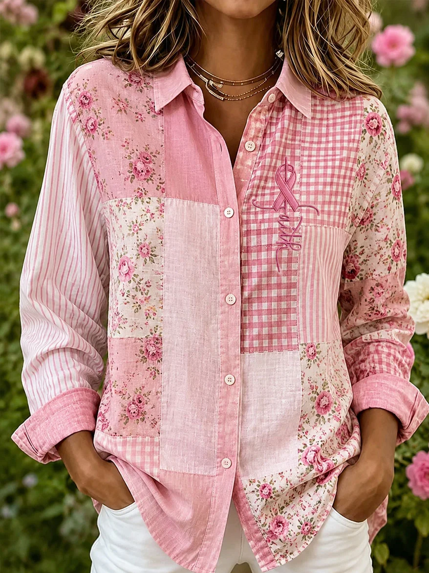 Women's Breast Cancer Awareness Plaid Art Long-Sleeved Shirt