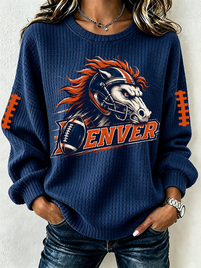 Women'S Football Fan Waffle Long Sleeved Round Neck Sweatshirt