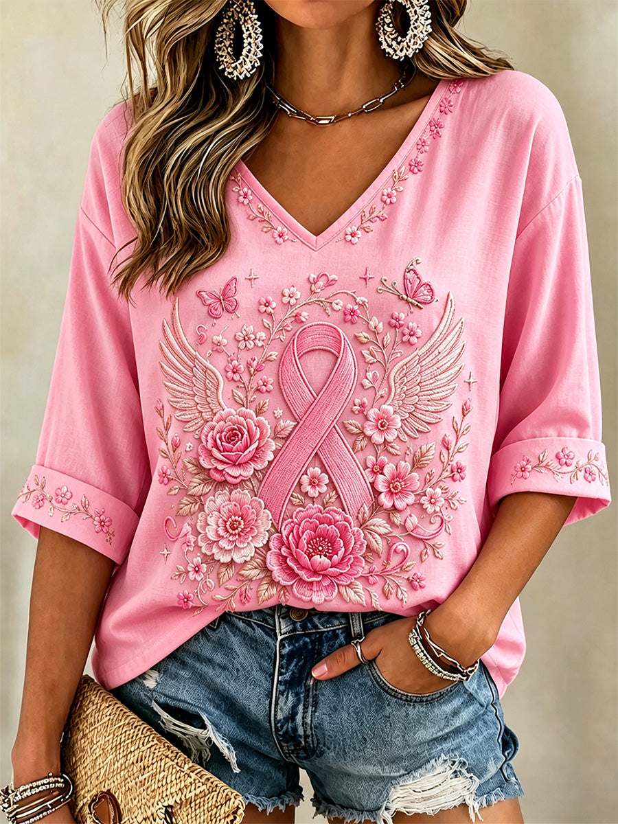 Women'S Breast Cancer Printed V-Neck Short Sleeve T-Shirt