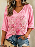Women'S Breast Cancer Printed V-Neck Short Sleeve T-Shirt
