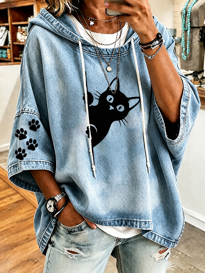 Women'S Cat Beachhead Peeking At Printed Casual Hoodie