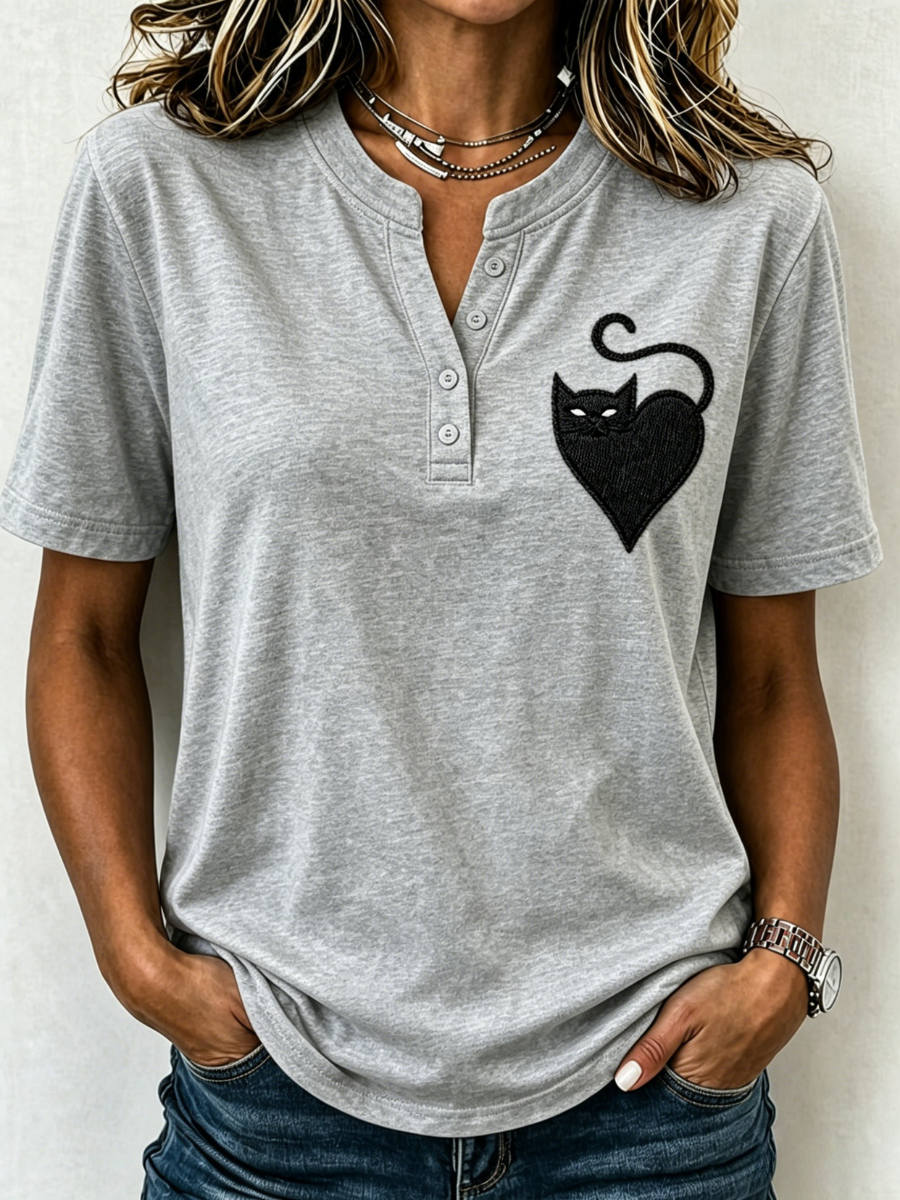 Women's Cat Printed Casual Button T-Shirt