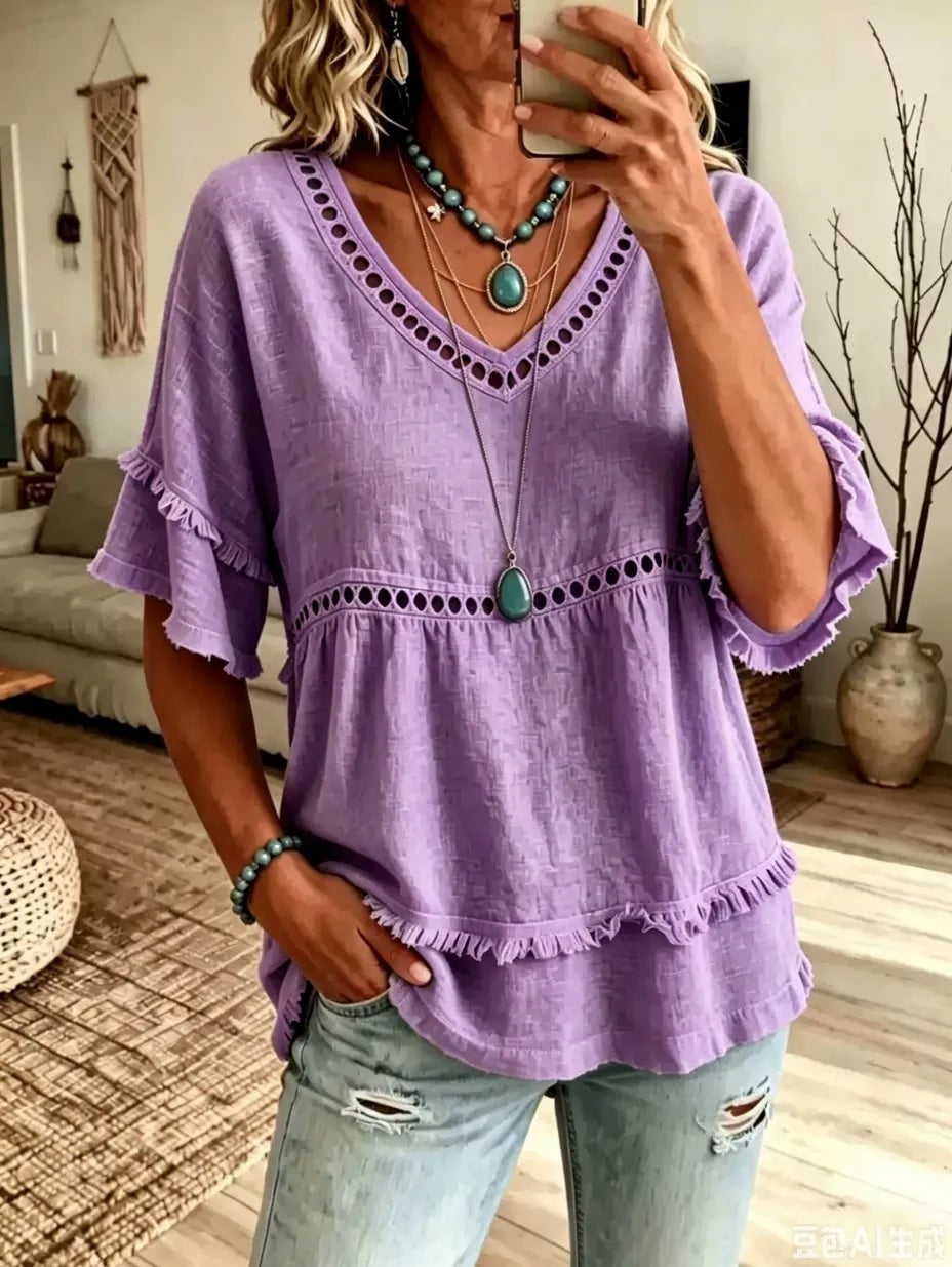 Women'S Casual V-Neck Solid Color Multi-Color Short Sleeved Shirt