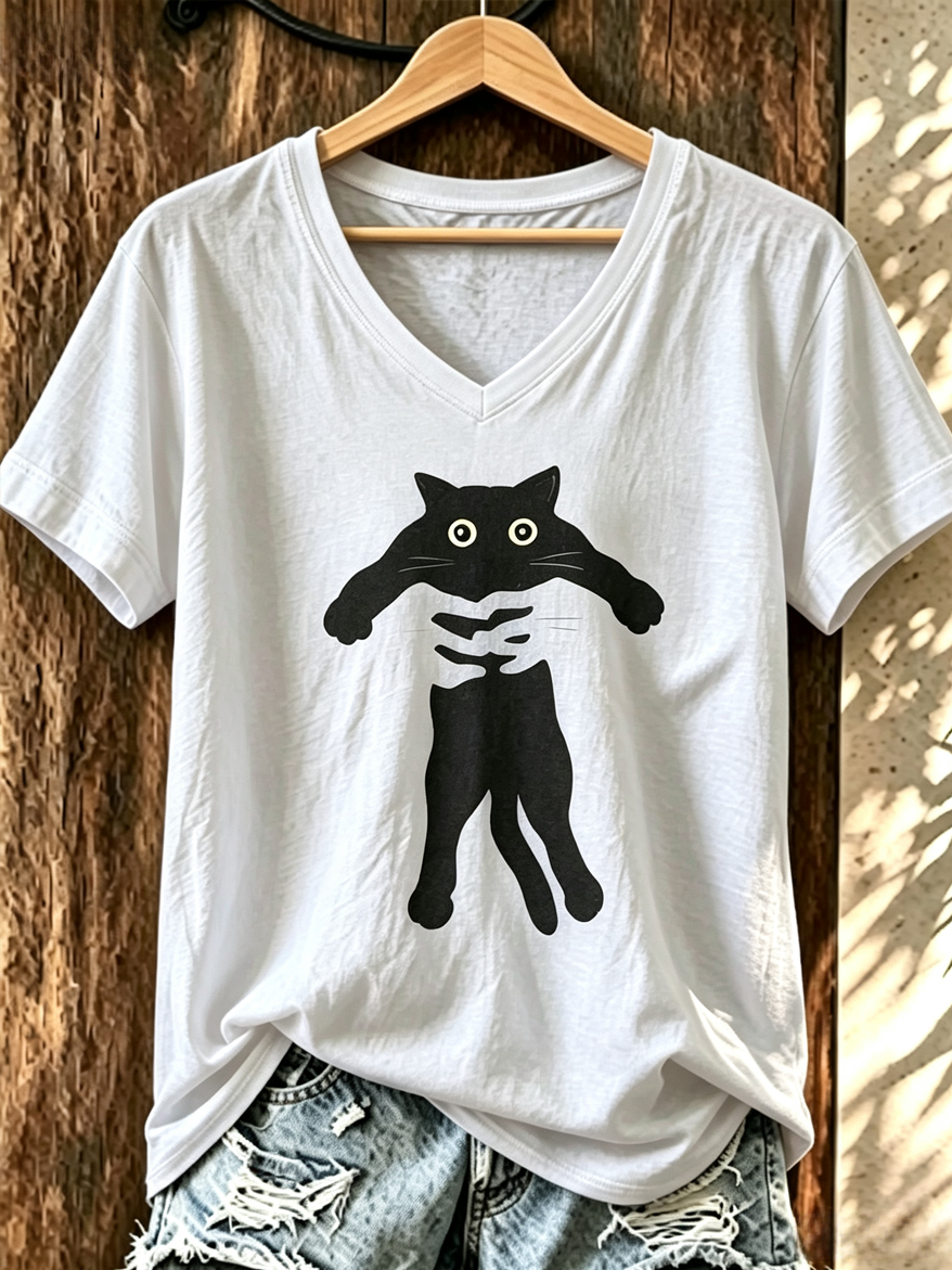 Women'S Cute Cat Printed Casual V-Neck T-Shirt