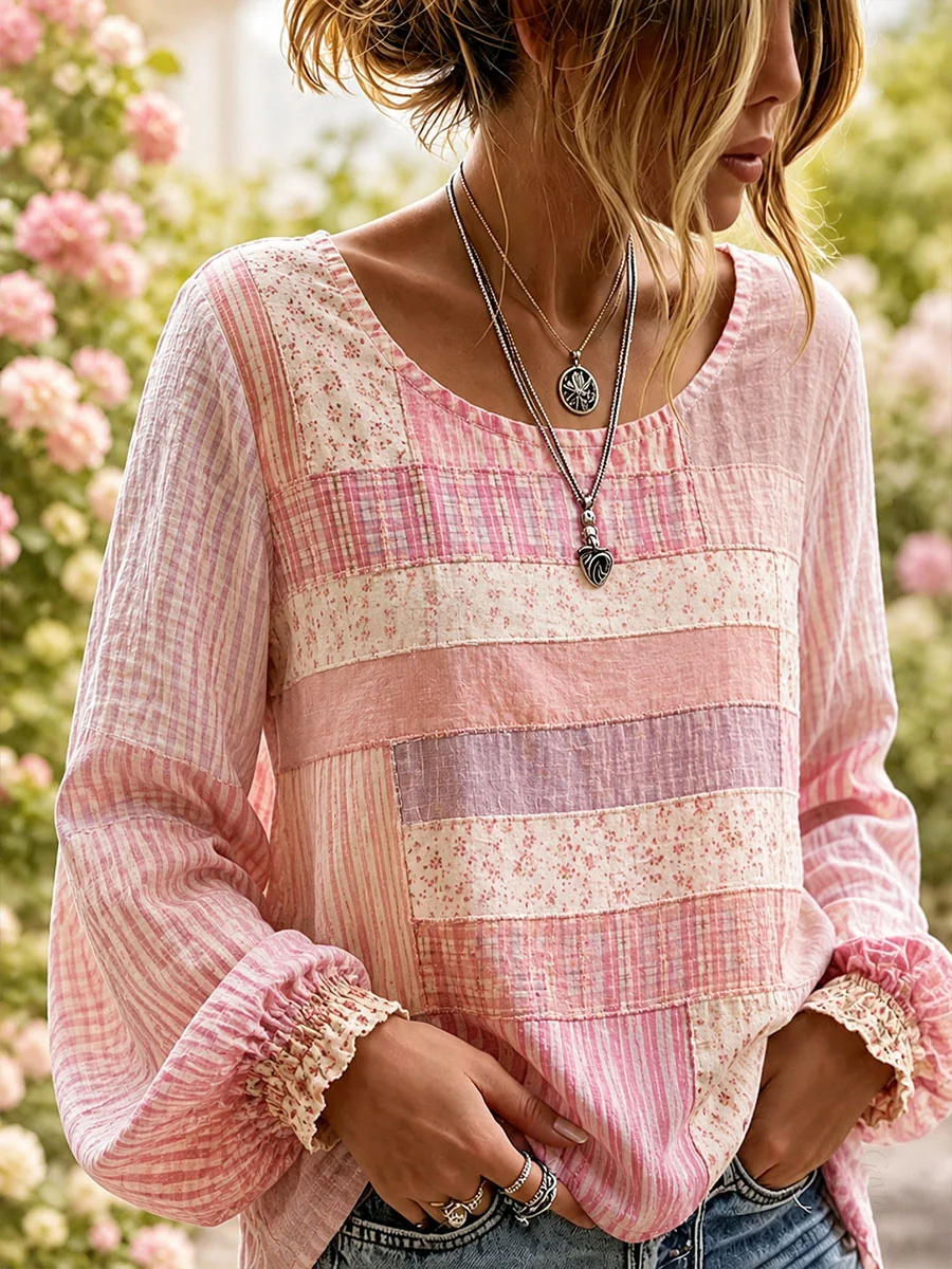 Women'S Breast Cancer Awareness Support Elegant Patchwork Art Linen Shirt