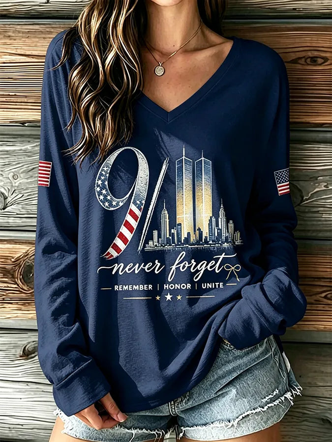 🕯️Women's "Never Forget 9/11" Pattern Comfortable V-Neck Retro T-Shirt