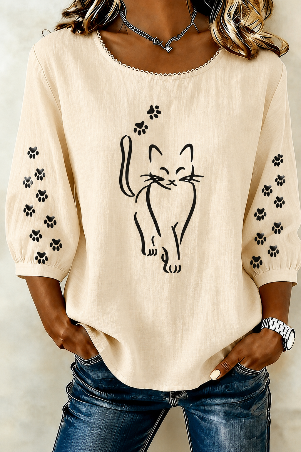 Elegant Cat Print Round Neck Top For Women'S Clothing