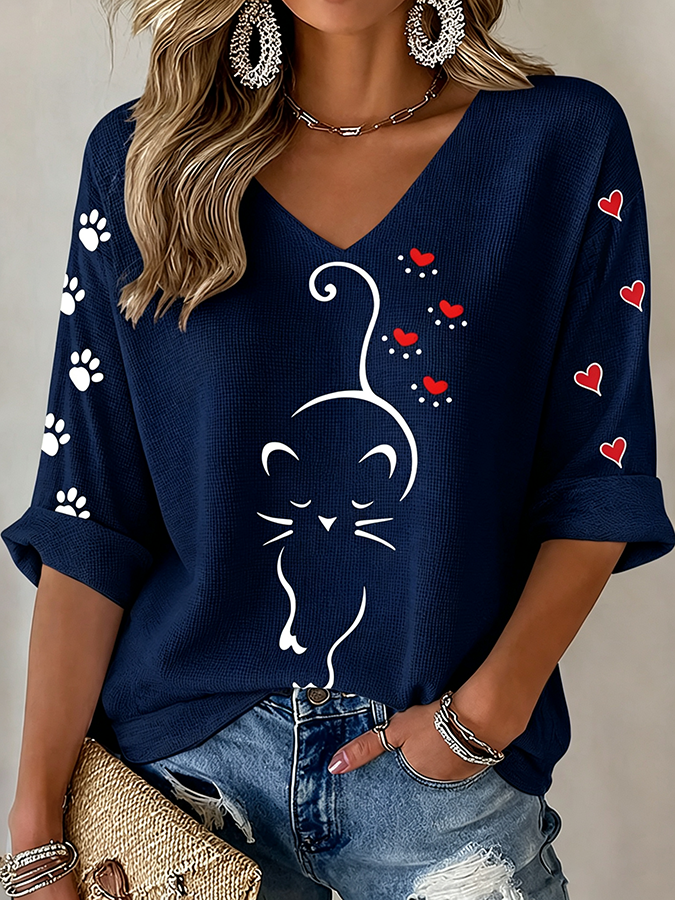 Cute And Simple Pen Cat Print V-Neck