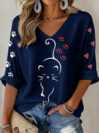 Cute And Simple Pen Cat Print V-Neck