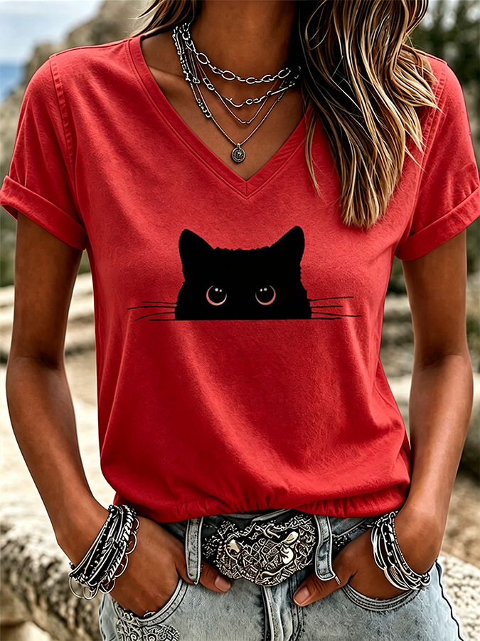 Women'S Cat Print Printed T-Shirt