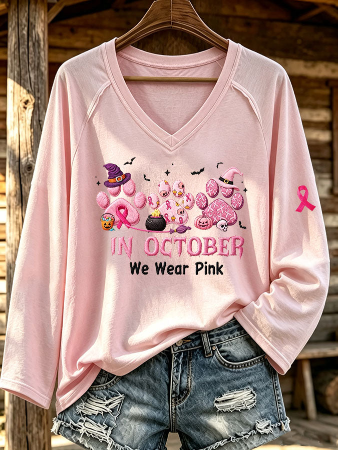 Women'S In October We Wear Pink Printed Long Sleeve T-Shirt