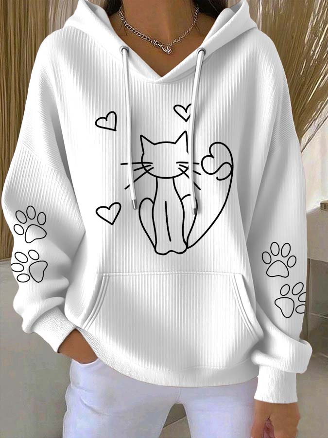 Women'S Cute Cat Print Hooded Knitted Long Sleeved Sportswear