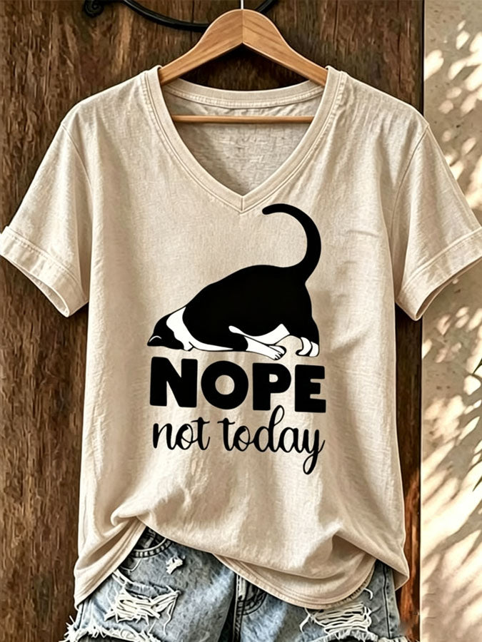 Women'S Cute Cat Printed Casual V-Neck T-Shirt