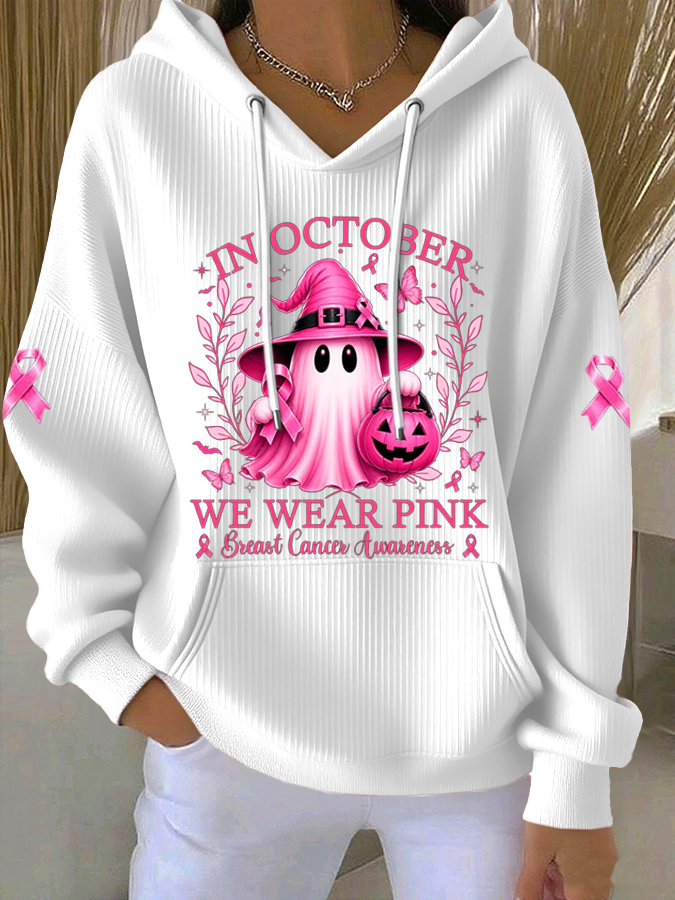 Women'S In October We Wear Pink  Printed Casual Hoodie