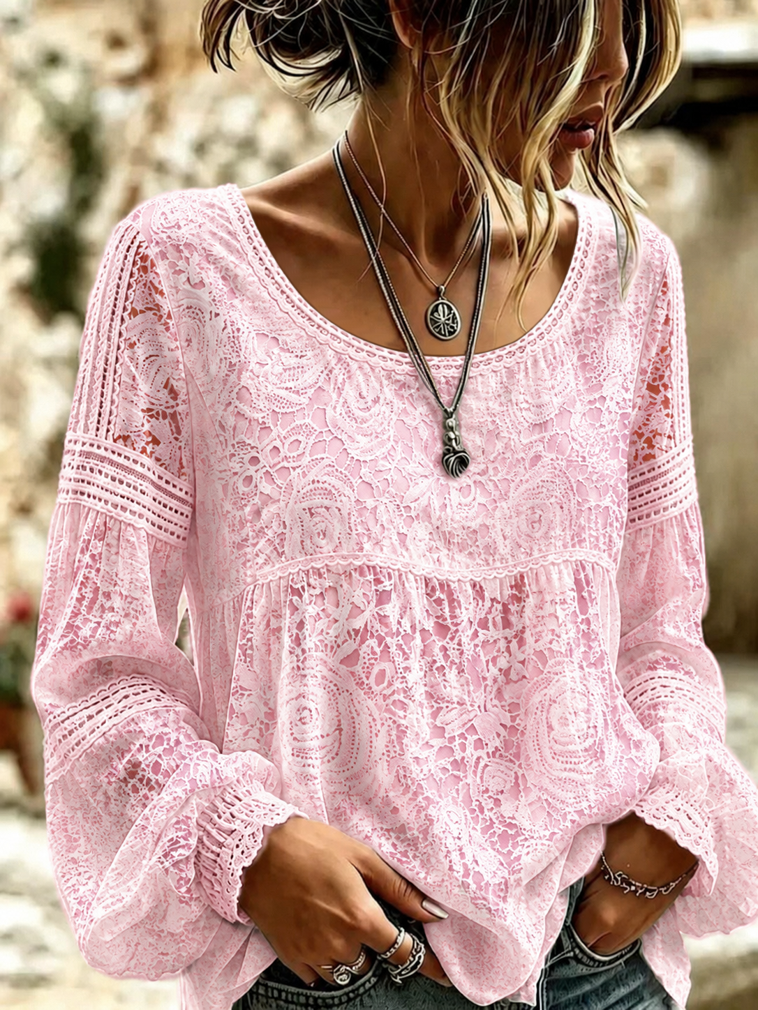 Women'S Pink floral print Cotton-Linen Shirt