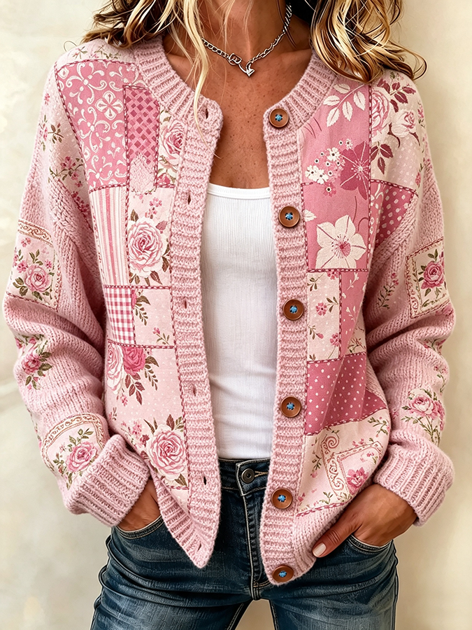 Ladies' Casual Patchwork Floral Knitted Cardigan Top
