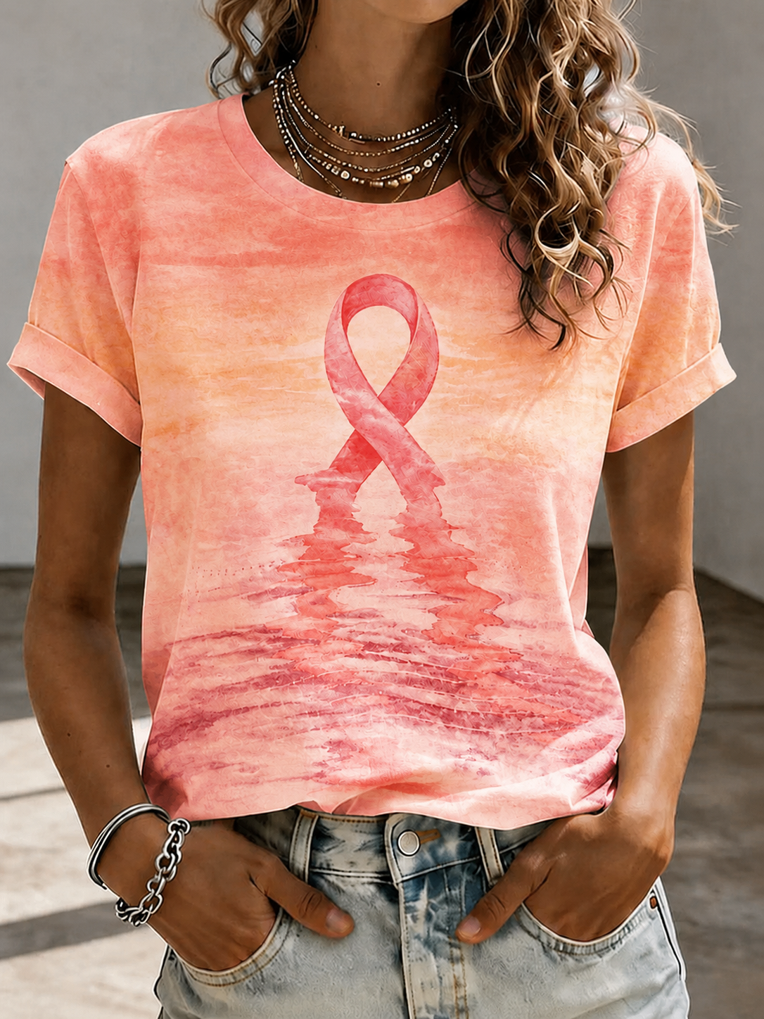Women's pink tie breast cancer awareness print round neck short sleeve T-shirt