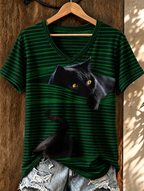 Women'S Cute Cat Printed Casual V-Neck T-Shirt