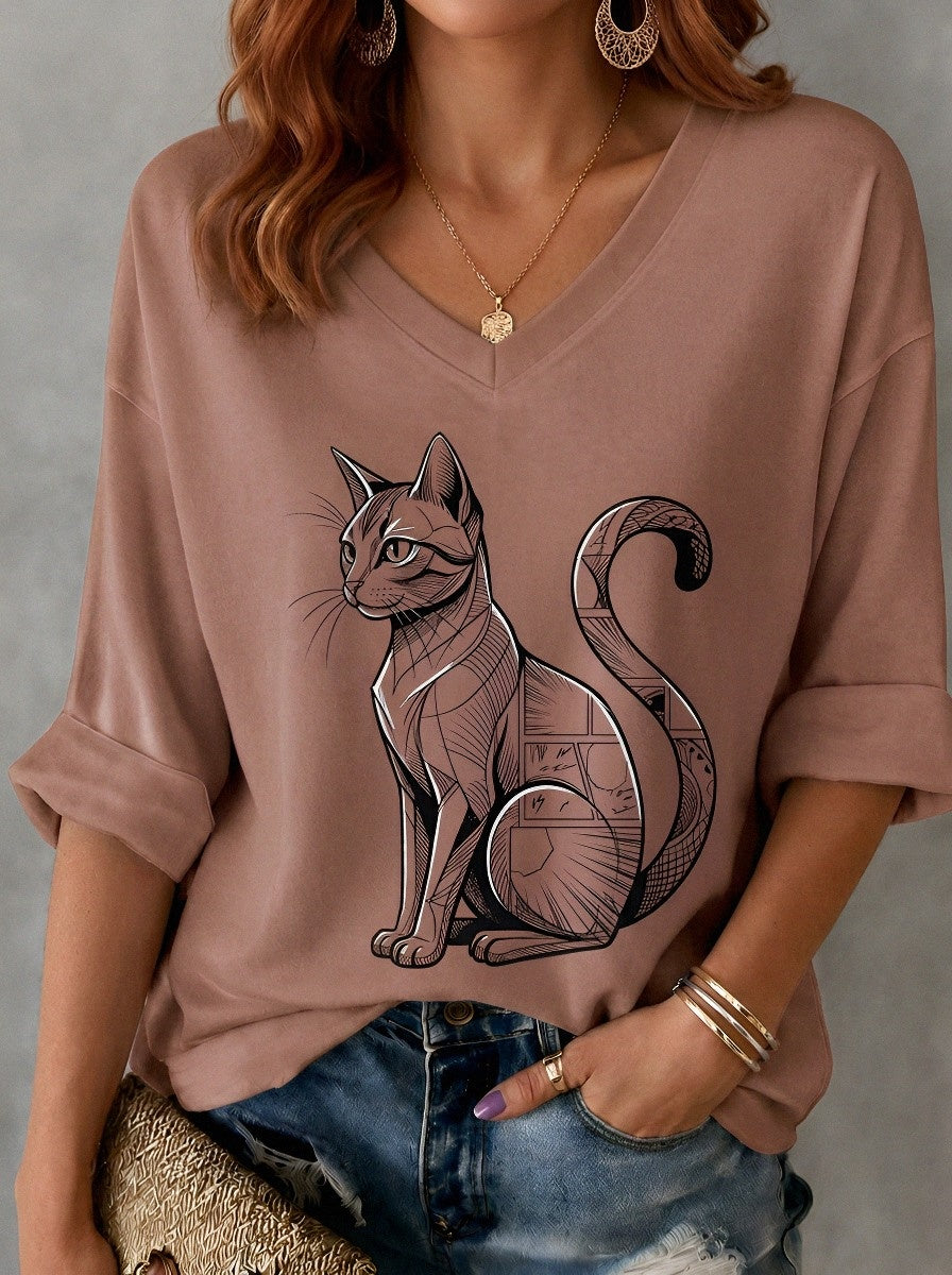 Women's Cat Lover Geometric Black Cat Printed V-neck T-shirt