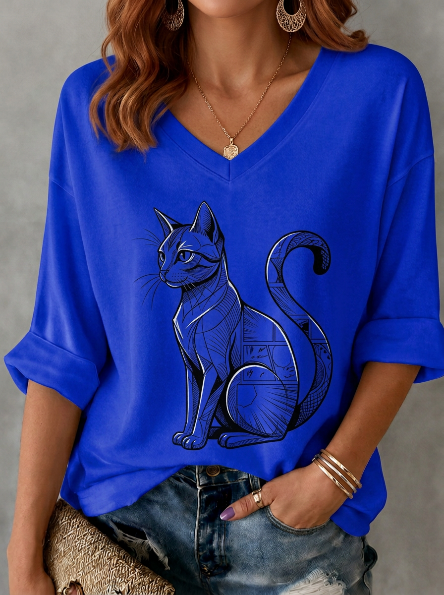 Women's Cat Lover Geometric Black Cat Printed V-neck T-shirt