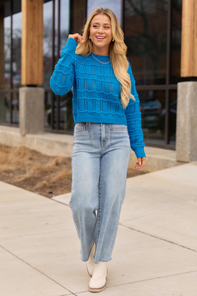 Devyn Blue Wavy Knit Crewneck Sweater FINAL SALE