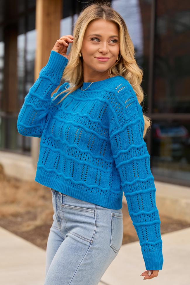 Devyn Blue Wavy Knit Crewneck Sweater FINAL SALE